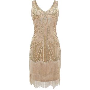 BABEYOND (NWT) Women's V Neck Beaded Fringed Flapper Dress